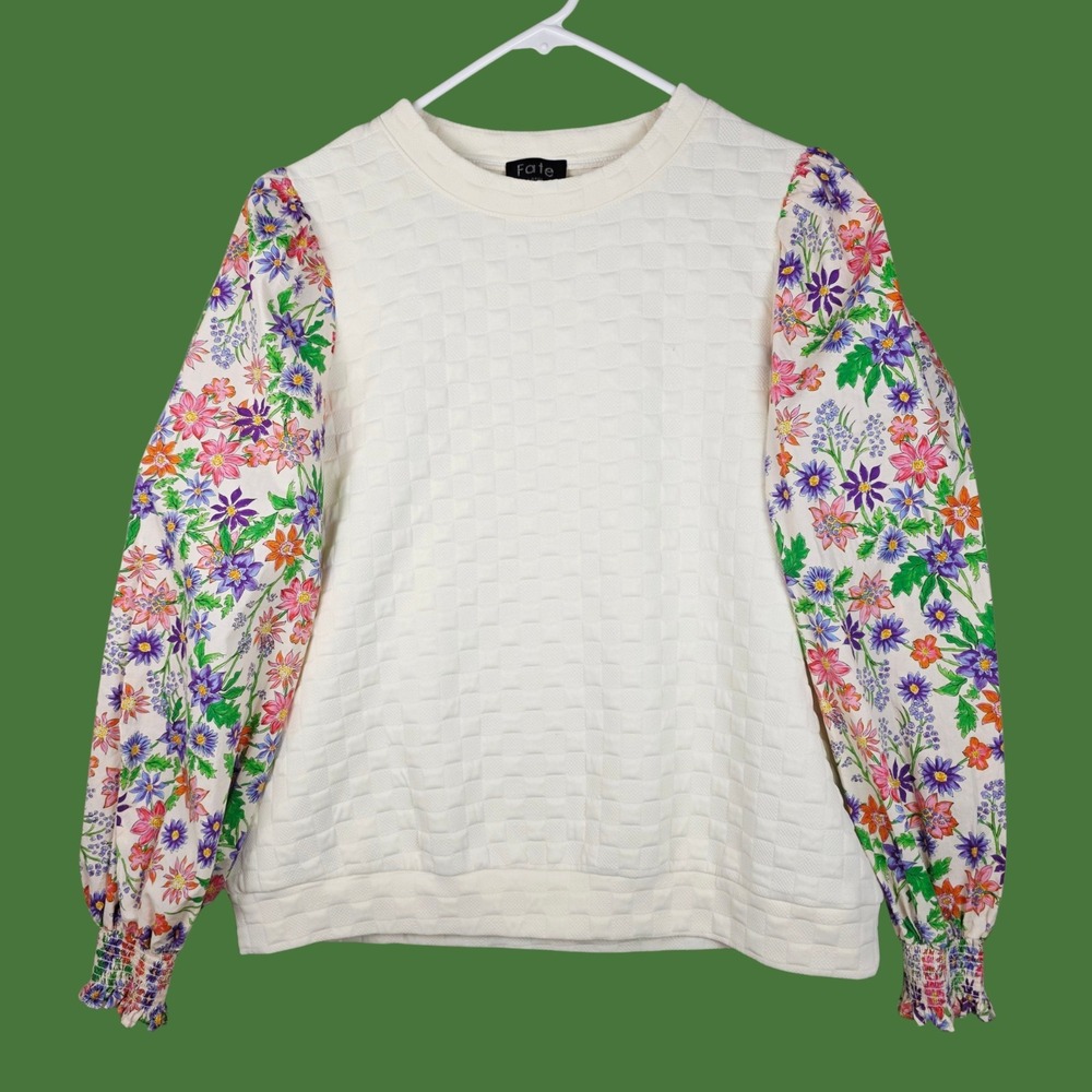 Fate Floral Puff Sleeve Contrasting Quilted Sweater White Size Large Feminine‎